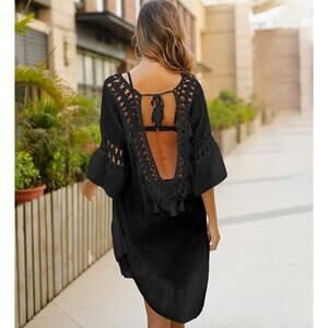 Solid Black Crochet Neck Swim Coverup Plus Sz.